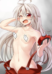 Rule 34 | 1girl, ;o, abe ranzu, ahoge, alarm clock, antenna hair, blush, breasts, censored, censored nipples, clock, collarbone, convenient censoring, fujiwara no mokou, gradient background, groin, highres, long hair, navel, no bra, no panties, one eye closed, open mouth, pants, red eyes, small breasts, solo, stomach, suspenders, suspenders slip, topless, touhou, very long hair, waking up, white hair, yawning