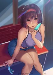 Rule 34 | 1girl, bare arms, bare legs, bare shoulders, bench, blue shorts, blurry, blush, breasts, brown eyes, camisole, denim, denim shorts, depth of field, food, hair between eyes, hairband, hand up, highres, holding, holding food, kagematsuri, looking at viewer, medium breasts, midriff, one-piece tan, original, popsicle, purple hair, purple shirt, shirt, short hair, short shorts, shorts, sitting, sleeveless, sleeveless shirt, solo, sunlight, tan, tanline, thighs, tongue, tongue out