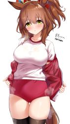 Rule 34 | 1girl, alternate costume, animal ears, artist name, aston machan (umamusume), blush, breasts, brown hair, buruma, commentary request, green eyes, gym uniform, herohero (higashi no dou), highres, horse ears, horse girl, horse tail, jacket, large breasts, long hair, looking at viewer, solo, steaming body, sweat, tail, thighhighs, tracen training uniform, track jacket, umamusume, white background