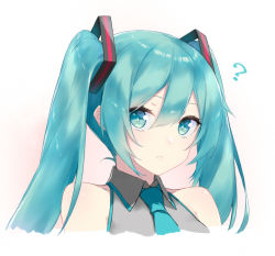 Rule 34 | 1girl, ?, aqua eyes, aqua hair, aqua necktie, bare shoulders, blush, collared shirt, fhang, gradient background, hair ribbon, hatsune miku, long hair, looking at viewer, necktie, parted lips, pink background, ribbon, shirt, sleeveless, sleeveless shirt, solo, tareme, twintails, upper body, vocaloid, wing collar