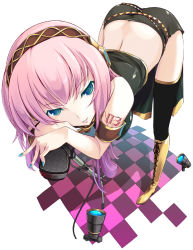 Rule 34 | 1girl, armlet, ass, bent over, black thighhighs, blue eyes, blue nails, boots, butt crack, checkered floor, floor, hairband, headphones, knee boots, long hair, megurine luka, microphone, microphone stand, midriff, mikoto akemi, nail polish, naughty face, perspective, pink hair, side slit, skirt, solo, tattoo, thighhighs, vocaloid