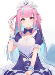 Rule 34 | 1girl, :o, anchor symbol, aqua hair, blue bow, blue bowtie, blue dress, blunt bangs, blush, bow, bowtie, breasts, cleavage, commentary, dress, frilled dress, frills, hand up, highres, hololive, long hair, maid, maid headdress, medium breasts, minato aqua, minato aqua (1st costume), multicolored hair, open mouth, pink hair, purple eyes, short sleeves, simple background, sisoha, solo, streaked hair, two-tone hair, virtual youtuber, white background, wrist cuffs