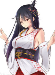 Rule 34 | 1girl, bare shoulders, black hair, blush, breasts, character name, dated, detached sleeves, epaulettes, floral print, fusou (kancolle), fusou kai ni (kancolle), hair ornament, highres, kantai collection, long hair, medium breasts, nontraditional miko, red eyes, sideboob, simple background, smile, solo, standing, timato, twitter username, white background