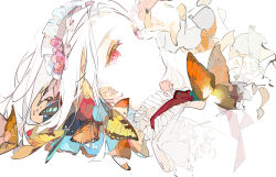 Rule 34 | 1girl, albino, aqua butterfly, blue butterfly, brown butterfly, bug, butterfly, child, commentary, ezu (e104mjd), frilled hairband, frilled sleeves, frills, from side, grey nails, hairband, hand up, insect, long sleeves, looking at viewer, lying, nail polish, neck ribbon, on back, orange butterfly, original, pale skin, parted lips, portrait, profile, red butterfly, red eyes, red ribbon, ribbon, short hair, sideways glance, simple background, solo, symbol-only commentary, white background, white hair, yellow butterfly