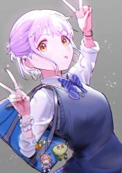 Rule 34 | 1girl, absurdres, bag charm, bow, bowtie, charm (object), double v, ear piercing, earrings, grey background, hair ornament, hairclip, highres, hoop earrings, idolmaster, idolmaster million live!, jewelry, long sleeves, looking at viewer, makabe mizuki, nail polish, ogasawara, piercing, purple hair, red nails, school uniform, shirt, short hair, solo, sweater vest, tongue, tongue out, upper body, v, white shirt, yellow eyes