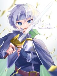 Rule 34 | 1boy, :d, armor, belt, black gloves, blue eyes, blue headband, breastplate, cape, dated, gloves, happy birthday, headband, highres, holding, holding sword, holding weapon, long sleeves, looking at viewer, male focus, nono yasai, open mouth, parted bangs, puyopuyo, schezo wegey, short hair, simple background, smile, solo, sword, transparent sword, transparent weapon, weapon, white hair