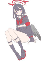 Rule 34 | 1girl, absurdres, armband, ass, black footwear, black gloves, black hair, black serafuku, black shirt, black skirt, black socks, black wings, blue archive, blush, bow, bowtie, choker, colored shoe soles, crop top, expressionless, feathered wings, fingerless gloves, full body, gloves, halo, high-waist skirt, highres, long sleeves, looking at viewer, low wings, mashiro (blue archive), mayoineko, medium hair, midriff, miniskirt, purple eyes, raised eyebrows, red armband, red bow, red bowtie, red halo, school uniform, serafuku, shin strap, shirt, shoes, simple background, sitting, skirt, socks, solo, white background, winged halo, wings