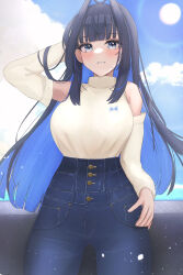 Rule 34 | 1girl, absurdres, blue hair, blue sky, blunt bangs, blush, breasts, cloud, colored inner hair, cumulonimbus cloud, dark blue hair, denim, detached sleeves, floating hair, hair intakes, hand on own head, hand on own hip, high-waist pants, highres, hololive, hololive english, jeans, large breasts, lens flare, light particles, looking at viewer, mofu07519, multicolored hair, ocean, official alternate costume, ouro kronii, ouro kronii (casual), outdoors, pants, sidelocks, sky, sleeveless, sleeveless sweater, sunlight, sweater, sweater tucked in, turtleneck, turtleneck sweater, two-tone hair, virtual youtuber, yellow sweater