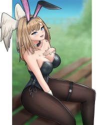 Rule 34 | 1girl, absurdres, animal ears, blue eyes, bow, bowtie, breast tattoo, breasts, choker, cleavage, eunie (xenoblade), hand on own chest, head wings, highres, large breasts, legband, leotard, looking at viewer, pantyhose, playboy bunny, rabbit ears, solo, succducc888, tattoo, white wings, wings, xenoblade chronicles (series), xenoblade chronicles 3