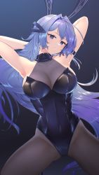 Rule 34 | 1girl, absurdres, animal ears, arm strap, armpits, arms behind head, arms up, azur lane, bare shoulders, black background, black leotard, black pantyhose, blue eyes, blue hair, bodystocking, breasts, cleavage, commentary, covered collarbone, covered navel, cowboy shot, detached collar, fake animal ears, floating hair, hair between eyes, hair intakes, highres, kazane-wind, large breasts, leotard, long hair, looking at viewer, new jersey (azur lane), new jersey (exhilarating steps!) (azur lane), official alternate costume, pantyhose, parted lips, playboy bunny, rabbit ears, see-through, see-through cleavage, sidelocks, solo, squatting, strapless, strapless leotard, very long hair
