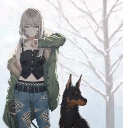 Rule 34 | 1girl, arm at side, bandaid, bandaid on face, bare tree, breasts, closed mouth, denim, dobermann, dog, earclip, feet out of frame, fishnet pantyhose, fishnets, fur-trimmed jacket, fur trim, girls band cry, green jacket, grey eyes, grey hair, hand up, highres, jacket, jeans, kawaragi momoka, long hair, looking at viewer, midriff, official art, open clothes, open jacket, outdoors, pants, pantyhose, red nails, shirt, sleeveless, sleeveless shirt, small breasts, solo, standing, teshima nari, torn clothes, torn jeans, torn pants, tree