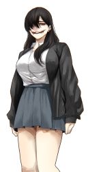 Rule 34 | 1girl, black hair, black jacket, blue skirt, breasts, collared shirt, ear piercing, earrings, glasgow smile, grey eyes, hair over one eye, highres, hoshi san 3, jacket, jewelry, kuchisake-onna, large breasts, long hair, long sleeves, miniskirt, mole, mole on thigh, mole under eye, mole under mouth, one eye covered, open clothes, open jacket, original, piercing, pleated skirt, school uniform, shirt, simple background, skirt, smile, solo, standing, white background, white shirt, wing collar
