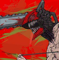Rule 34 | 1boy, bad id, bad pixiv id, blood, bloody weapon, chainsaw, chainsaw man, denji (chainsaw man), facing to the side, highres, hybrid, motion lines, open mouth, red background, sharp teeth, simple background, solo, string pull, teeth, topless male, tumubar117, weapon