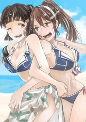 Rule 34 | 10s, 2girls, ashigara (kancolle), bad id, bad pixiv id, beach, black hair, breasts, brown hair, cleavage, fangs, hair ornament, hairband, hairpin, kantai collection, kawaoka sachio, large breasts, locked arms, multiple girls, myoukou (kancolle), ocean, open mouth, ponytail, short hair, smile, swimsuit