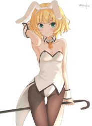 Rule 34 | 1girl, alternate costume, animal ears, arm up, bare shoulders, blonde hair, blunt bangs, blush, breasts, brown pantyhose, cane, closed mouth, collar, collarbone, commentary request, detached collar, dress, fake animal ears, gluteal fold, gochuumon wa usagi desu ka?, green eyes, groin, hairband, hand in own hair, holding, holding cane, kirima syaro, leotard, pantyhose, playboy bunny, rabbit ears, signature, simple background, small breasts, smile, solo, strapless, strapless dress, umiroku, white collar, white dress, white hairband, white leotard, wing collar, wrist cuffs