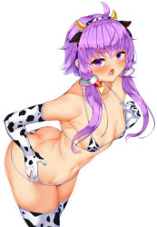 Rule 34 | 1girl, ahoge, animal ears, animal print, bell, bikini, blush, breasts, commentary request, cow ears, cow horns, cow print, cow print bikini, cowbell, cowboy shot, daichi (tokoya), elbow gloves, gloves, hair ornament, highres, horns, looking at viewer, neck bell, open mouth, paid reward available, print bikini, print gloves, print thighhighs, purple eyes, purple hair, short hair with long locks, sidelocks, simple background, small breasts, solo, swimsuit, thighhighs, vocaloid, voiceroid, white background, yuzuki yukari