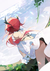 Rule 34 | 1girl, absurdres, arknights, arm support, ass, bare shoulders, bent over, bikini, black bikini, black choker, choker, day, detached sleeves, dutch angle, from behind, hair rings, highres, horns, light rays, long hair, long sleeves, ocean, official alternate costume, outdoors, red hair, solo, sunbeam, sunlight, surtr (arknights), surtr (colorful wonderland) (arknights), suyi-j, swimsuit, swimsuit cover-up, water