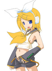 Rule 34 | 1girl, belt, blonde hair, blue eyes, breasts, detached sleeves, flat chest, groin, hair ornament, hair ribbon, hairclip, headset, hermmy, kagamine rin, no panties, open clothes, open fly, open shorts, oppai kenmin, ribbon, school uniform, serafuku, short hair, shorts, sideboob, small breasts, solo, unbuckled, open belt, unbuttoned, unzipped, vocaloid
