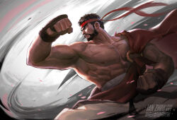 Rule 34 | 1boy, abs, artist name, beard, black hair, brown gloves, clenched hands, closed mouth, facial hair, fighting stance, gloves, headband, highres, ianzhouart, large pectorals, male focus, muscular, muscular male, navel, nipples, pants, pectorals, red headband, ryu (street fighter), short hair, solo, street fighter, street fighter 6, white pants