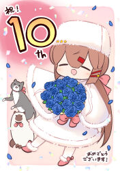 Rule 34 | 1girl, animal, anniversary, blue flower, blue rose, blush, bouquet, brown hair, capelet, cat, closed eyes, confetti, dress, flower, fur-trimmed capelet, fur-trimmed dress, fur hat, fur trim, hair ribbon, hat, kantai collection, long hair, low twintails, open mouth, papakha, petals, pink ribbon, ribbon, rose, simple background, tashkent (kancolle), twintails, white capelet, white dress, white headwear, yuasa makoto