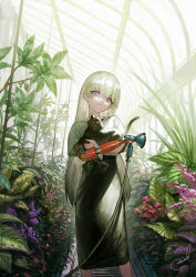 Rule 34 | 1girl, :|, amputee, animal, artist name, black cat, black skirt, cat, closed mouth, commentary request, crossed arms, feet out of frame, flower, garden, greenhouse, head tilt, highres, holding, holding animal, holding cat, hose, indoors, leaf, long hair, long skirt, looking at viewer, original, plant, prosthesis, prosthetic arm, purple eyes, reoen, signature, skirt, solo, standing, straight hair, sunlight, very long hair, white hair