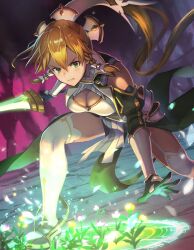 Rule 34 | 1girl, armor, blonde hair, braid, breastplate, breasts, casting spell, cleavage, clenched teeth, clothing cutout, detached sleeves, fighting stance, florakinesis, flower, gem, gloves, glowing, green eyes, green gloves, green sleeves, hair between eyes, hair ornament, highres, hip armor, holding, holding sword, holding weapon, large breasts, leafa, leafa (terraria), long hair, looking at viewer, magic, magic circle, pink flower, plant, ponytail, shoulder cutout, solo, sword, sword art online, sword art online: alicization, sword art online: alicization - war of underworld, teeth, thighhighs, twin braids, verdurous anima, very long hair, weapon, white thighhighs, yappo (point71), yellow flower
