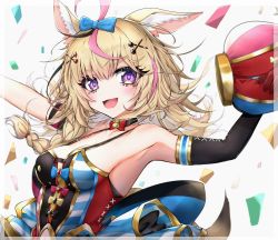 Rule 34 | 1girl, :d, ahoge, animal ear fluff, animal ears, armpits, arms up, bad id, bad pixiv id, bare shoulders, black choker, blonde hair, bow, bowtie, breasts, choker, cleavage, club (shape), commentary request, confetti, diamond (shape), dress, facial mark, fox ears, fox tail, frilled dress, frills, hair ornament, hair ribbon, hat, unworn hat, unworn headwear, heart, heart-shaped pupils, highres, holding, holding clothes, holding hat, hololive, jester cap, looking at viewer, medium breasts, multicolored hair, omaru polka, omaru polka (1st costume), open mouth, partial commentary, purple eyes, red bow, red bowtie, ribbon, rudo (rudorudo0917), short hair, simple background, single sleeve, sleeveless, sleeveless dress, smile, solo, spade (shape), standing, streaked hair, symbol-shaped pupils, tail, upper body, virtual youtuber, white background, x hair ornament