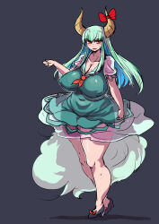 Rule 34 | 1girl, absurdres, black footwear, blush, bow, breast expansion, breasts, cleavage, collarbone, commentary request, covered erect nipples, covered navel, dot nose, dress, enajii, ex-keine, footwear bow, full body, green dress, green hair, hand up, heel up, high heels, highres, horn bow, horn ornament, horns, huge breasts, impossible clothes, impossible dress, kamishirasawa keine, long hair, neckerchief, open mouth, red bow, red neckerchief, shadow, short sleeves, sidelocks, simple background, solo, standing, straight hair, sweat, tail, touhou, white sleeves, wide hips