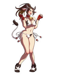 Rule 34 | 1girl, animal ears, animal print, bell, bikini, blush, breasts, brown eyes, brown hair, cleavage, cow ears, cow horns, cow print, cow tail, cowbell, embarrassed, fatal fury, fingerless gloves, full body, gloves, hip focus, horns, large breasts, legs, long hair, navel, official art, open mouth, ponytail, shiranui mai, snk, snk heroines: tag team frenzy, solo, standing, swimsuit, tail, the king of fighters
