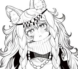 Rule 34 | 1girl, :&lt;, animal ear fluff, animal ears, arknights, blush, bokiboki333, braid, closed mouth, commentary request, dress, greyscale, hair between eyes, highres, leopard ears, long hair, looking at viewer, monochrome, pramanix (arknights), simple background, solo, turtleneck, turtleneck dress, twin braids, upper body, white background