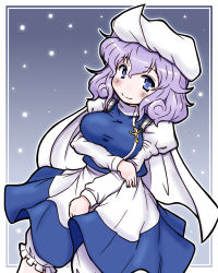 Rule 34 | 1girl, apron, bloomers, blue eyes, blush, breasts, eruru (erl), hat, highres, large breasts, letty whiterock, light purple hair, long sleeves, scarf, short hair, skirt, smile, solo, touhou, underwear, vest, white scarf