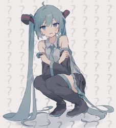 Rule 34 | 1girl, ?, @ @, aqua eyes, aqua hair, bad id, bad twitter id, breasts, cleavage, detached sleeves, hatsune miku, highres, long hair, necktie, open clothes, otintin, simple background, sitting, small breasts, solo, twintails, vocaloid, white background