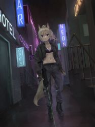 Rule 34 | 1girl, absurdres, animal ears, black footwear, black jacket, black pants, blonde hair, boots, bra, breasts, brown gloves, building, closed mouth, commentary, commentary request, commission, cropped jacket, dutch angle, english commentary, english text, fingerless gloves, fox ears, fox girl, fox tail, full body, gloves, gun, h&amp;k mp7, hair between eyes, heel up, highres, holding, holding gun, holding weapon, jacket, laser, laser pointer projection, laser sight, long sleeves, looking at viewer, medium breasts, medium hair, mixed-language commentary, namuta, navel, neon lights, night, open clothes, open jacket, original, outdoors, pants, pants tucked in, ponytail, purple bra, purple eyes, sign, skeb commission, solo, standing, stomach, submachine gun, tail, trigger discipline, underboob, underwear, weapon