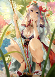 Rule 34 | 1girl, ankle ribbon, between breasts, blurry, breasts, choker, cleavage, depth of field, fairy wings, feet, flower, hair flower, hair ornament, hand on own face, high heels, large breasts, leg ribbon, legs, long hair, nail polish, open shoes, original, pisuke, pointy ears, purple eyes, ribbon, sandals, shoes, silver hair, smile, solo, squatting, staff, wings