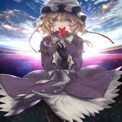 Rule 34 | 1girl, absurdres, arm belt, asymmetrical gloves, backlighting, belt, black gloves, black pantyhose, blonde hair, blurry, bow, breasts, covered mouth, cowboy shot, dress, earth (planet), eyelashes, floating hair, flower, flower over mouth, gloves, hair between eyes, hat, hat ribbon, highres, holding, holding flower, kumonji aruto, light particles, lily (flower), long hair, long sleeves, looking at viewer, maribel hearn, medium breasts, mismatched gloves, mob cap, neck ribbon, own hands together, pantyhose, partially unbuttoned, planet, purple dress, purple eyes, red flower, red ribbon, ribbon, sash, solo, space, touhou, white bow, white gloves