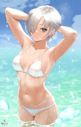 Rule 34 | 1girl, armpits, bikini, blue sky, breasts, cleavage, closed mouth, cloud, collarbone, cowboy shot, day, grey hair, hair over one eye, highres, horizon, infinote, large breasts, looking at viewer, navel, ocean, original, outdoors, paid reward available, sashou mihiro, short hair, sky, smile, solo, swimsuit, wading, water, waves, wet, white bikini