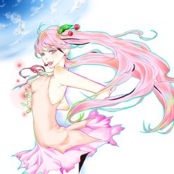 Rule 34 | 1girl, alternate color, alternate hair color, chacott, cherry, cherry blossoms, dress, food, fruit, hatsune miku, headphones, headset, heterochromia, long hair, music, name connection, object namesake, open mouth, pink eyes, pink hair, sakura miku, singing, smile, solo, twintails, very long hair, vocaloid