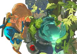 Rule 34 | 1boy, apple, atie1225, blonde hair, blue tunic, boots, brown footwear, earrings, closed eyes, fingerless gloves, food, from above, fruit, full body, gloves, hair between eyes, highres, jewelry, leaf, link, low ponytail, male focus, nintendo, outdoors, own hands together, pointy ears, praying, short ponytail, shoulder strap, sidelocks, solo, sword, the legend of zelda, the legend of zelda: breath of the wild, weapon, weapon on back, well