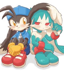 Rule 34 | 2boys, amber graygamma, animal ears, animal nose, blue headwear, blue shirt, closed mouth, eye contact, furry, furry male, gloves, grabbing another&#039;s ear, hand on another&#039;s ear, hat, highres, kaze no klonoa, king of sorrow, klonoa, knees up, looking at another, multiple boys, rabbit boy, rabbit ears, red eyes, red footwear, shadow, shirt, short sleeves, simple background, sitting, smile, white background, yellow eyes, yellow gloves, zipper pull tab