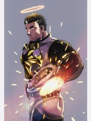 Rule 34 | 1boy, armor, ass, bara, black bodysuit, black hair, bodysuit, breastplate, bulge, clothing cutout, facial hair, from side, glowing, glowing hand, halo, highres, male focus, muscular, pelvic curtain, saro (rotsw 00022), short hair, solo, stubble, textless version, thick thighs, thigh cutout, thighs, tokyo houkago summoners, yellow eyes, zabaniyya (housamo)