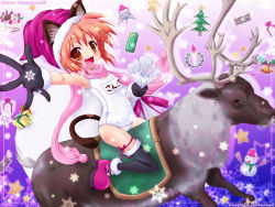 Rule 34 | 1girl, animal ears, bad id, bad pixiv id, boots, cat ears, christmas, fang, foreshortening, gloves, one-piece swimsuit, orange hair, original, red eyes, reindeer, riding, sack, school swimsuit, short hair, solo, soutou, swimsuit, thighhighs, white one-piece swimsuit, white school swimsuit