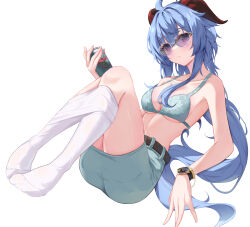 Rule 34 | 1girl, ahoge, alternate costume, bangle, bare arms, bare shoulders, belt, bikini, bikini top only, blue hair, bracelet, breasts, brown belt, clothes pull, collarbone, commentary, english commentary, feet up, ganyu (genshin impact), genshin impact, goat horns, gradient eyes, green bikini, green skirt, highres, holding, horns, jewelry, knees up, leaning back, linea alba, long hair, looking at viewer, medium breasts, midriff, multicolored eyes, no shoes, okey, pantyhose, pantyhose pull, parted lips, pencil skirt, ponytail, purple eyes, sidelocks, simple background, sitting, skirt, solo, sunglasses, swimsuit, thighs, tinted eyewear, very long hair, watch, white background, white pantyhose, wristwatch