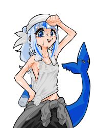 Rule 34 | 1girl, absurdres, bite mark, blue eyes, blue hair, blunt bangs, bottle, breasts, clothes around waist, collarbone, commentary, english commentary, eyelashes, fins, fish tail, gawr gura, headband, highres, holding, holding bottle, hololive, hololive english, holomyth, jacket, jacket around waist, koizumi arata, looking at viewer, midriff peek, multicolored hair, open mouth, pants, ponytail, shark tail, shirt, sideboob, sidelocks, simple background, small breasts, smile, streaked hair, sweaty clothes, tail, tank top, tied shirt, towel, towel around neck, upper body, virtual youtuber, water bottle, white background, white tank top, wiping forehead