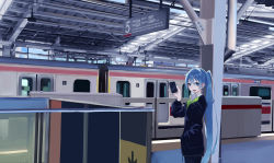 Rule 34 | 1girl, black pants, black suit, blue eyes, blue hair, cellphone, earrings, formal, hand in pocket, hand up, hatsune miku, highres, holding, holding phone, i-beam, jewelry, kazuna (kazzzuna), long hair, looking at viewer, open mouth, pants, phone, scenery, signpost, smartphone, smile, solo, suit, train, train station, twintails, very long hair, vocaloid, wide shot