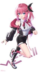 Rule 34 | black shorts, blue eyes, blush, chaconne (kxxx s8), full body, gradient hair, hair ornament, hairclip, highres, jacket, kuramochi meruto, kuramochi meruto (1st costume), long hair, multicolored hair, nijisanji, open clothes, open jacket, open mouth, pink hair, pink nails, purple hair, shoes, shorts, side ponytail, sidelocks, smile, sneakers, standing, standing on one leg, virtual youtuber