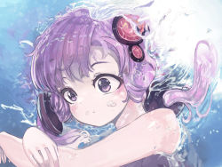 Rule 34 | 1girl, :t, air bubble, bare arms, bare shoulders, bubble, closed mouth, hair ornament, highres, long hair, low twintails, microa, purple eyes, purple hair, solo, twintails, underwater, upper body, vocaloid, voiceroid, water, yuzuki yukari