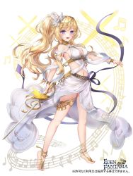 Rule 34 | 1girl, bare shoulders, barefoot, blonde hair, blue eyes, breasts, cleavage, commentary request, dress, eden fantasia, feather hair ornament, feathers, hair ornament, hane yuki, highres, holding, holding sword, holding weapon, large breasts, long hair, looking at viewer, navel, open mouth, ponytail, purple ribbon, revealing clothes, ribbon, solo, sword, teeth, translation request, upper teeth only, weapon, white dress, white feathers
