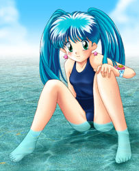 Rule 34 | 1990s (style), blue eyes, blue hair, green eyes, magical girl, mahou no angel sweet mint, mint (sweet mint), swimsuit, twintails, water