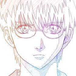 Rule 34 | 1boy, closed mouth, gintama, glasses, godzillapigeon1, highres, looking at viewer, male focus, portrait, shimura shinpachi, simple background, sketch, solo, straight-on, upper body, v-shaped eyebrows, white background