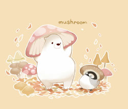 Rule 34 | autumn leaves, bear, bird, black eyes, brown background, chai (drawingchisanne), eye contact, food, holding, holding food, looking at another, mushroom, no humans, original, penguin, polar bear, simple background, standing